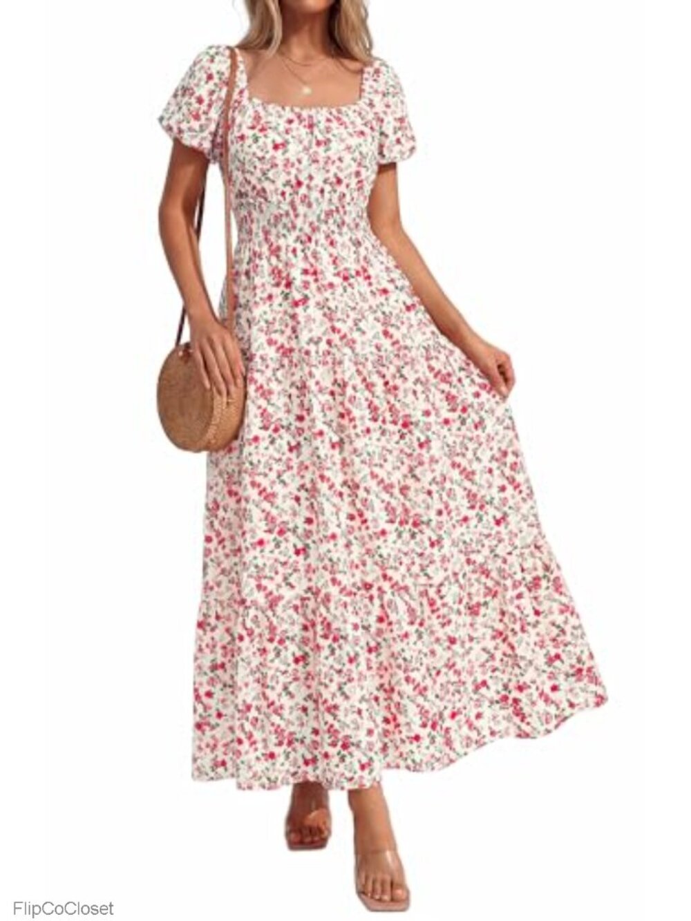 Floral Smocked Maxi Dress Square Neck Tiered A-Line Short Sleeve Empire Waist